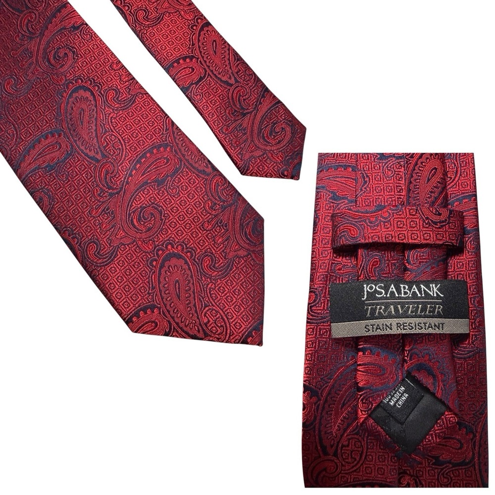 Jos. A. Bank Red Paisley Tie Traveler Stain Resistant - 100% Silk Necktie Tie